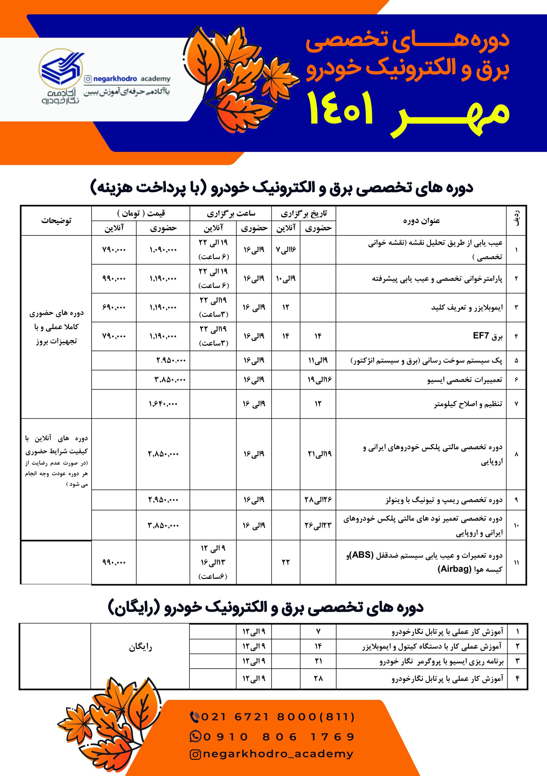 تقویم دوره های آموزشی آکادمی نگار خودرو مهر ماه 1401